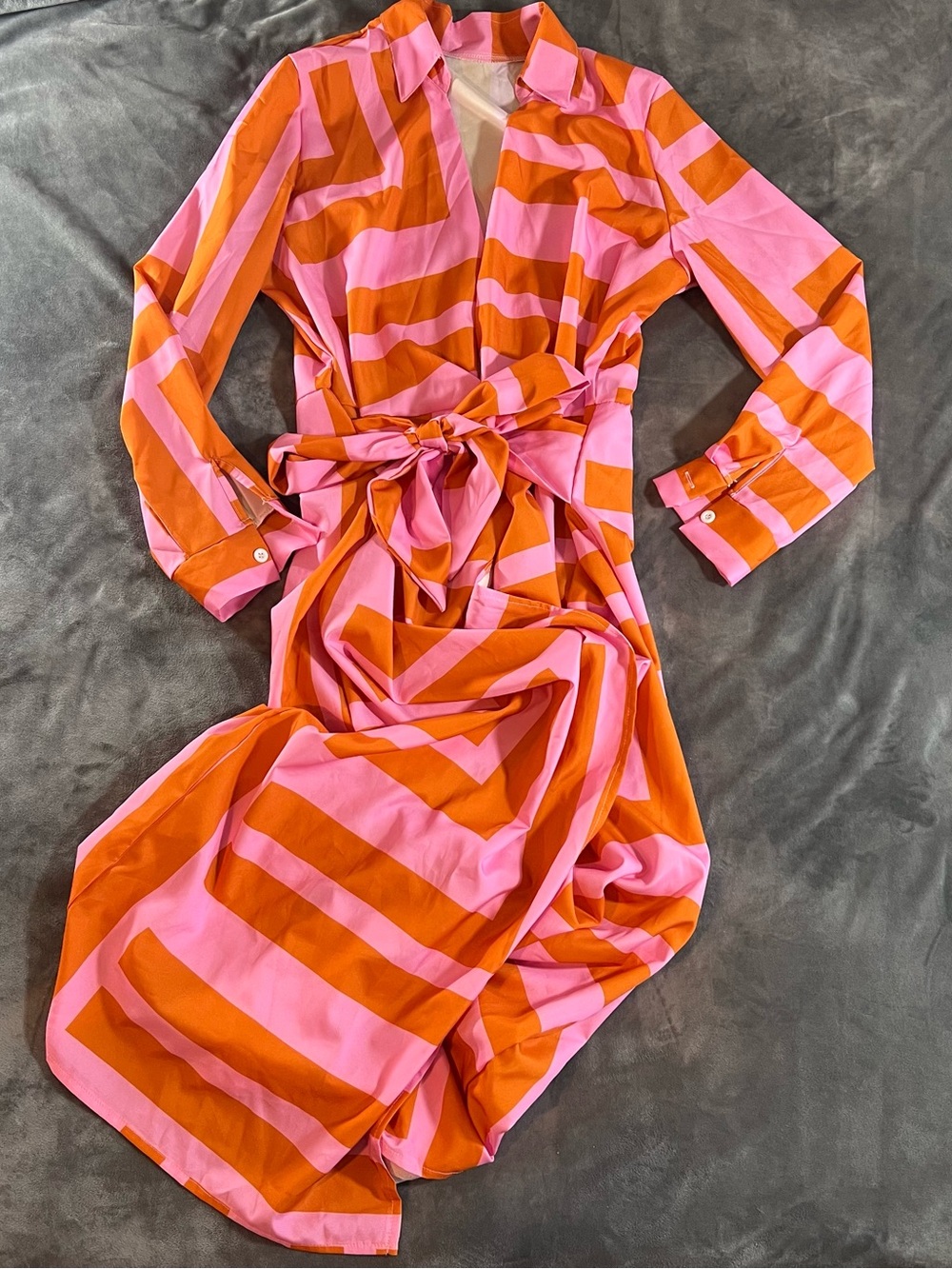 Bold Pink & Orange Striped Shirt Dress with Tie Waist